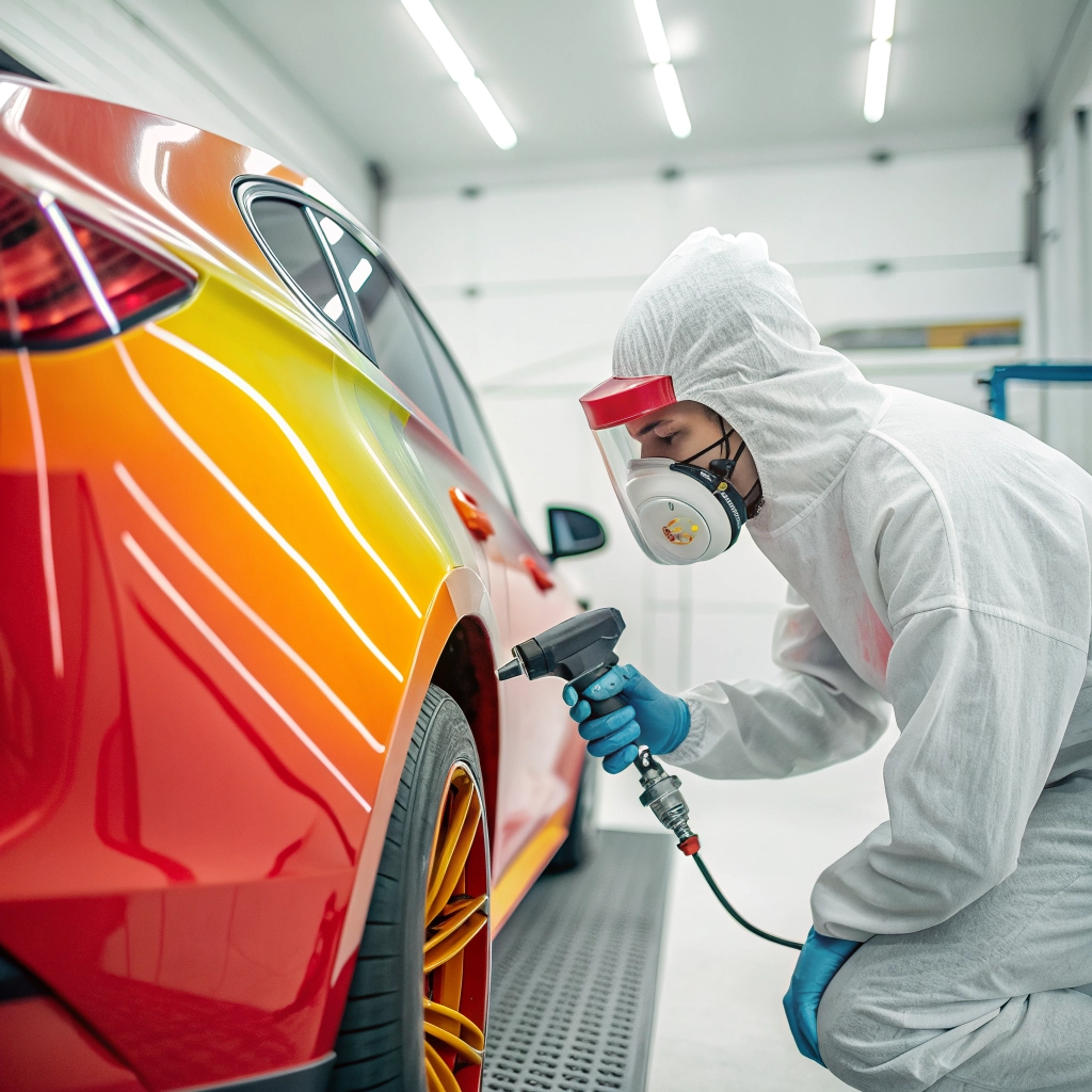 Close-up of a car being spray painted